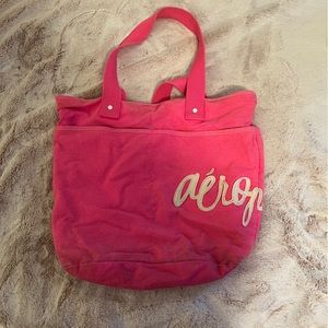 Aeropostale Neon Pink Tote Bag, 4 pockets on ext., white lettering, orange int.